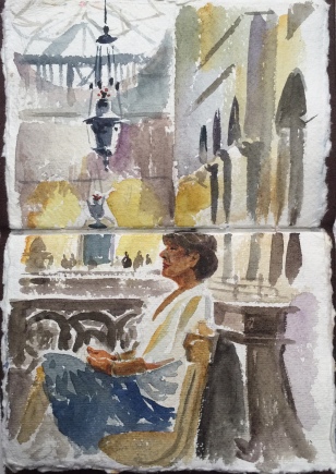 A sketchbook painting to gather reference of Susan sitting in St Marks