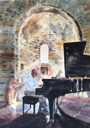 A painting of Leon playing the piano for guests at Chiesa Del Carmine